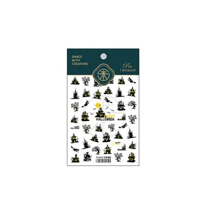 Stickers ongles 5D Halloween avec châteaux noirs, chauves-souris et sorcières TS-913