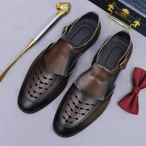 Genuine Leather Men Hollow Out Sandals Business Casual Perforated Cowhide Dress Shoes With Buckle British Style Footwear