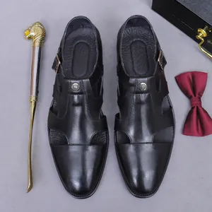 Men's hollow-out black leather business shoes with metal buckle and luxury accessories