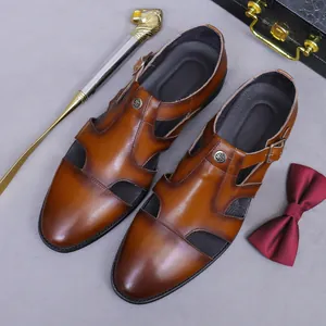 Men's retro brown genuine leather hollow sandals with adjustable metal buckle strap