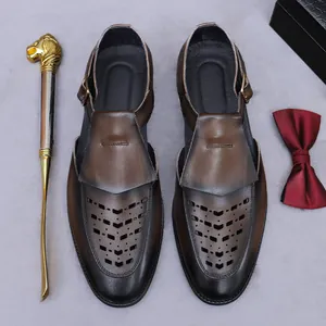 Men's retro brown genuine leather sandals with hollow cutouts and metal buckles