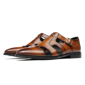 Men's brown hollow leather sandals with side buckle in a classic 45-degree business view