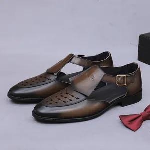 Men's retro brown leather hollow sandals with T-buckle closure for business casual