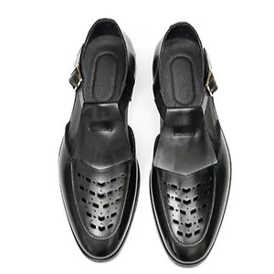 Classic black hollow leather sandals with closed toe design and buckle strap for men