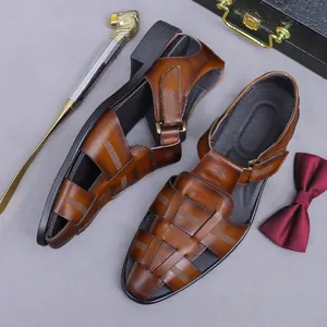 Herren Oberste Schicht Rindsleder Sandalen Gewebt Geschlossene Zehenpartie Business Casual Schuhe Mit Schnalle Atmungsaktiv Retro