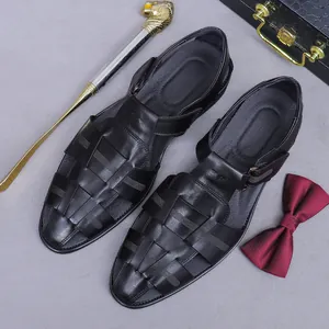 Premium Herren Leder-Sandalen in Schwarz geflochten mit Schnallenverschluss und runder Kappe