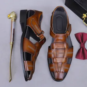 Herren Leder-Websandalen in Braun mit verstellbarer Schnalle im edlen Vintage-Look