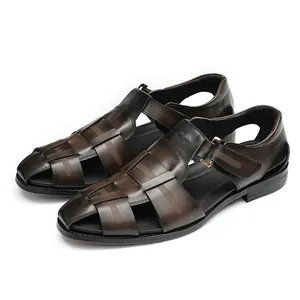 Klassische dunkelbraune Leder-Flecht-Sandalen für Herren mit Metallschnallen