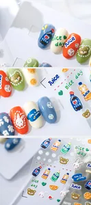 3D relief nail stickers with cute bear and soda patterns showing detailed textured finish