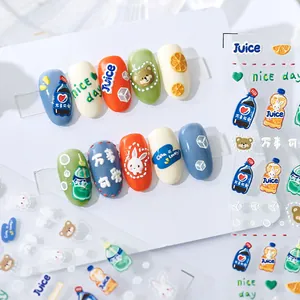 Cute 3D Embossed Cartoon Nail Art Stickers Beverage Juice Soda Bottle Animal Patterns Back Adhesive Nail Decal Decoration