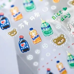 3D embossed nail stickers featuring cute cartoon bottles and animal designs with text