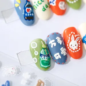 3D embossed nail stickers featuring cute cartoon rabbit and colorful graphic designs