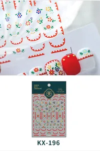 Detailed view of KX-196 floral nail stickers with red wave edges and multi-color patterns
