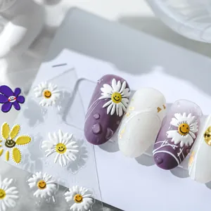 5D Embossed Daisy Flower Nail Art Stickers With Smiley Face Design Self Adhesive Relief Nail Decals For Women DIY Decoration