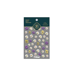 5D embossed daisy flower nail stickers with colorful smiley faces on white background