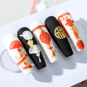 5D Chinese style nail art stickers featuring red lanterns and knots on long coffin nails