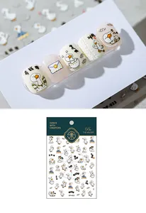 Macro detail of cartoon duck nail stickers with 5D texture and cute yellow patterns