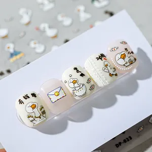 5D cartoon duck nail stickers with cute hand-drawn hearts and letter designs