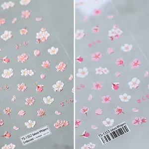 5D Embossed Sakura Cherry Blossom Nail Art Stickers Japanese Pink White Floral Manicure Decor Back Adhesive Nail Decals