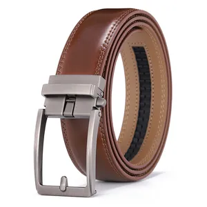 Men's brown leather belt featuring a brushed gunmetal automatic buckle on white background