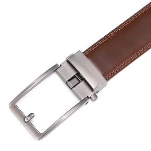 Detail of brown genuine leather belt featuring durable double stitching and metal buckle