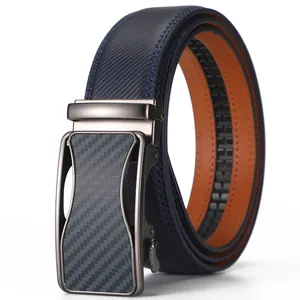 Blue leather belt for men with gunmetal automatic buckle and carbon fiber inlay