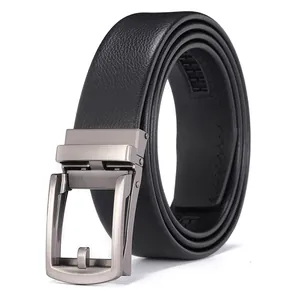Detail of men's black leather belt featuring a brushed gunmetal automatic buckle