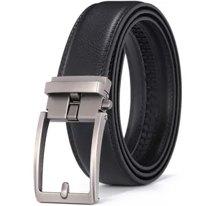 Close-up of black leather belt with automatic sliding buckle and lychee grain texture