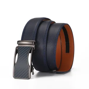 Close-up of leather belt with dark blue carbon fiber texture and metal automatic buckle