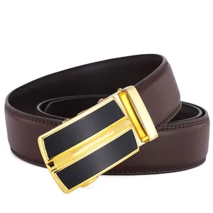Ceinture homme cuir business avec boucle automatique dorée et cuir grainé marron foncé