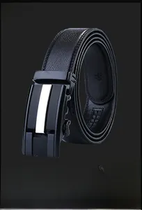 Close-up of black genuine leather belt with automatic buckle and lychee grain texture