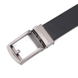 Close-up of litchi texture genuine leather belt with brushed metal automatic buckle