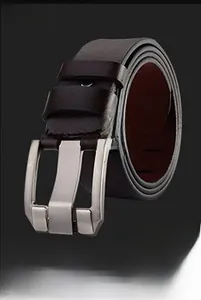 Detail view of genuine brown leather belt with matte silver metal pin buckle