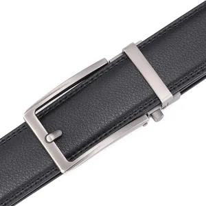 Men's black cowhide leather belt with brushed metal automatic buckle and lychee texture