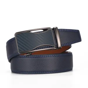 Detailed close-up of dark blue leather belt with twill texture and carbon fiber buckle