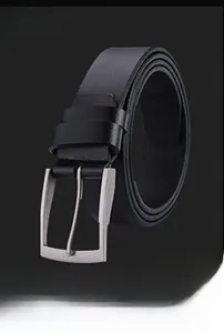Close-up of black genuine leather belt with matte silver-gray metal pin buckle