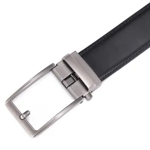 Detail of gunmetal brushed alloy automatic buckle and black stitched leather belt