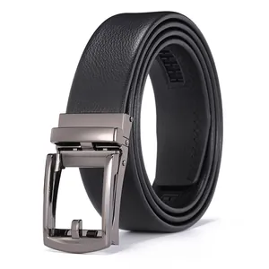 Close-up of black lychee grain leather belt with gunmetal automatic buckle detail