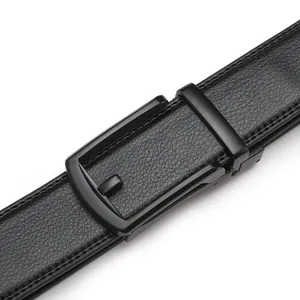 Close-up of black leather belt with lychee texture and matte black automatic buckle