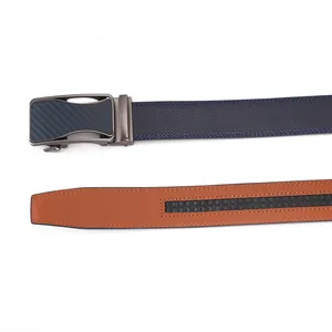 Men's blue leather automatic buckle belt with carbon fiber inlay and gunmetal finish