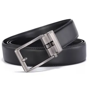 Close-up of black leather belt with gunmetal gray brushed metal buckle and fine stitching