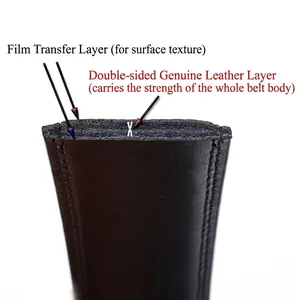 Cross-section of a black genuine leather belt showing dual-layer structure and stitching