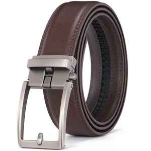 Detailed view of dark brown leather belt with silver brushed automatic buckle