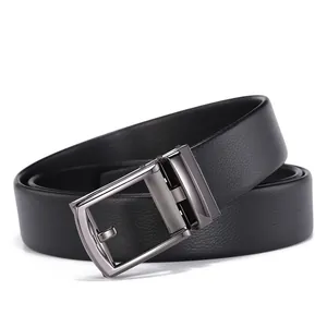 Men's genuine leather belt with black lychee texture and brushed gunmetal pin buckle
