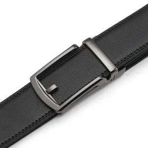Close-up of black lychee grain leather belt with a gunmetal automatic metal buckle