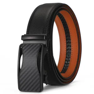 Men's blue leather belt with automatic buckle and carbon fiber texture design