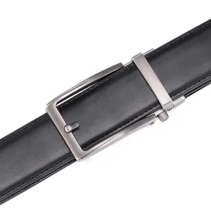 Detail of men's black leather belt featuring a brushed silver-tone alloy automatic buckle