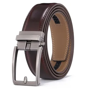 Classic brown genuine leather men's belt with a matte gunmetal buckle on white background