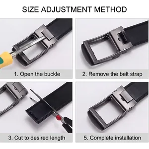 Men's black leather belt with automatic buckle and adjustable length trimming guide
