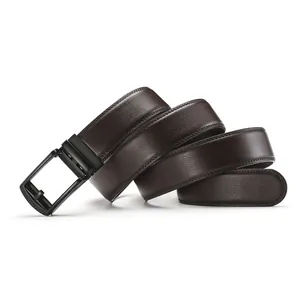 Detail of dark brown pebble grain leather belt with matte black automatic buckle